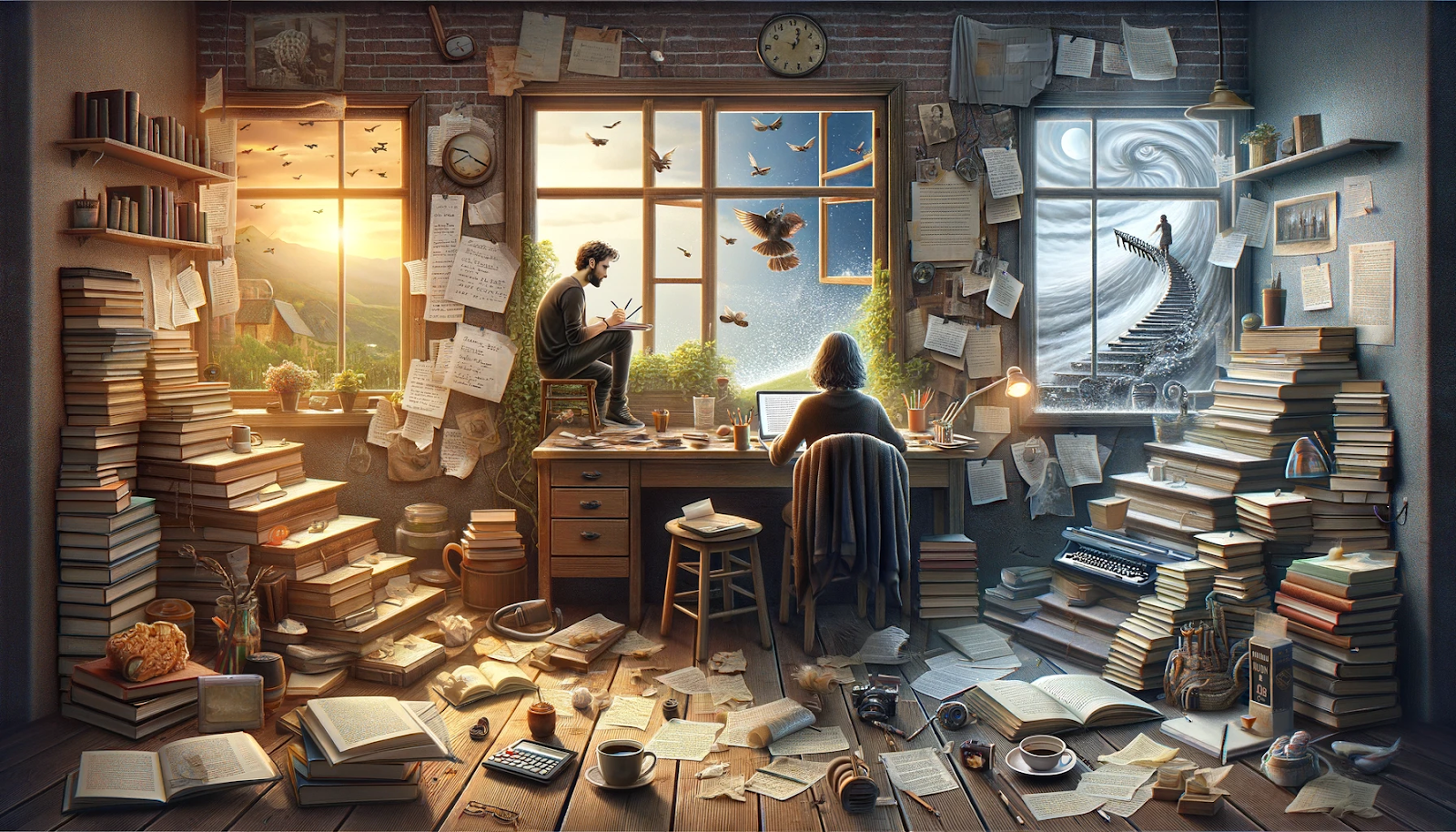 A writer's cluttered workspace with books, papers, and two contrasting windows—one showing a bright landscape with birds, the other a surreal staircase into darkness.