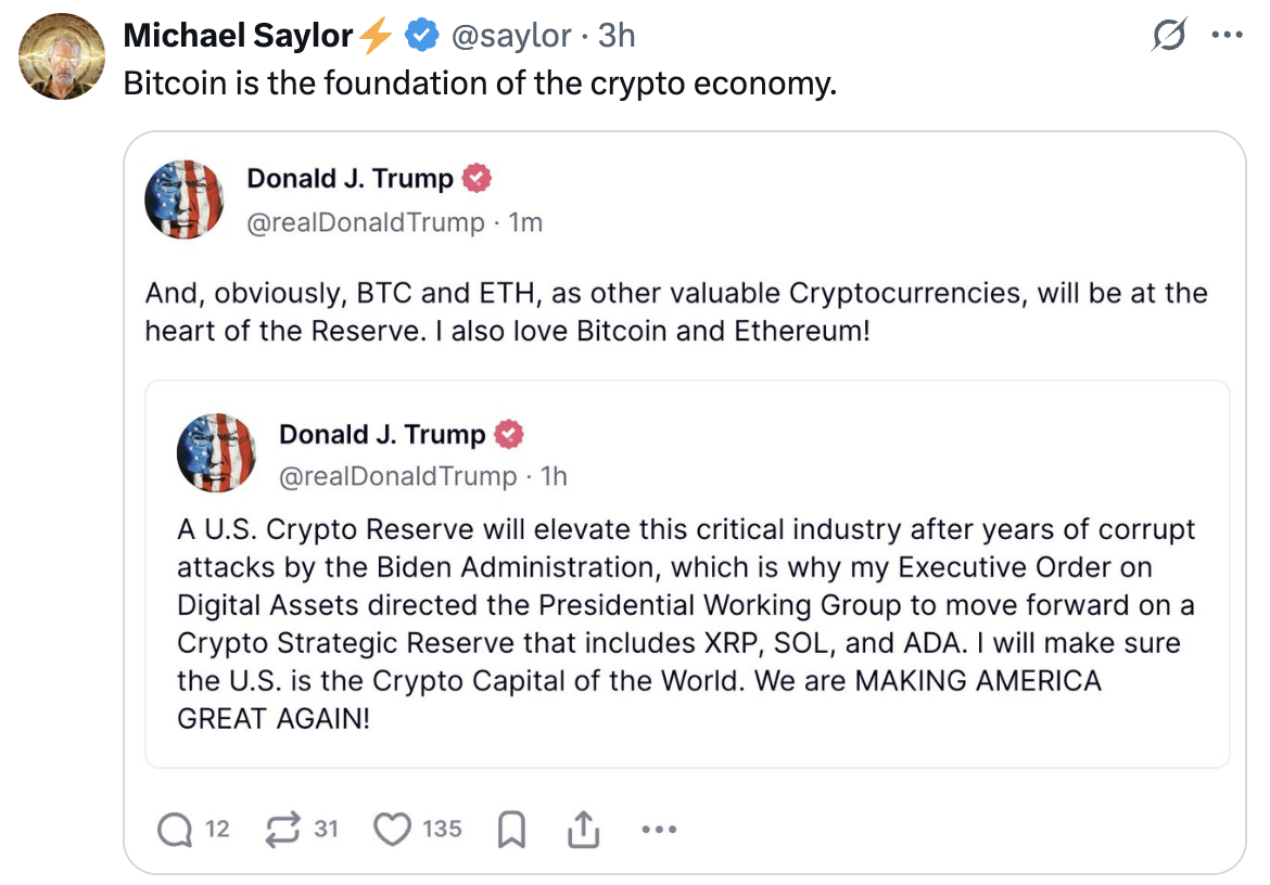 Tweet of Michael Saylor quoting Trump's tweet post