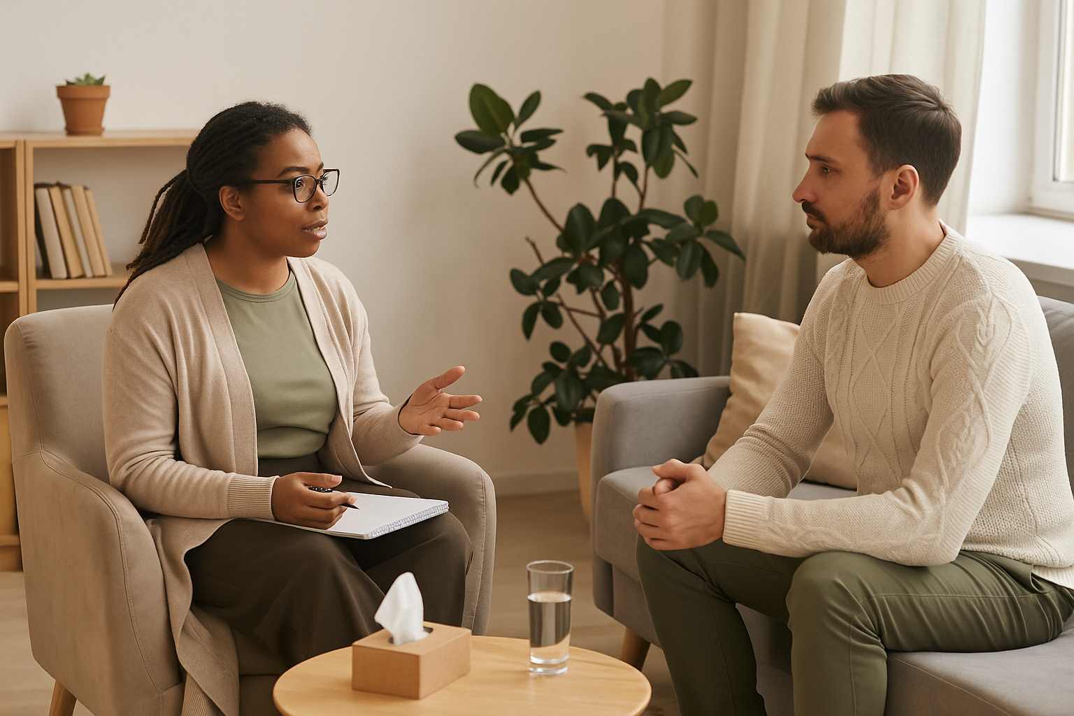 Therapist and client talking in a calm setting