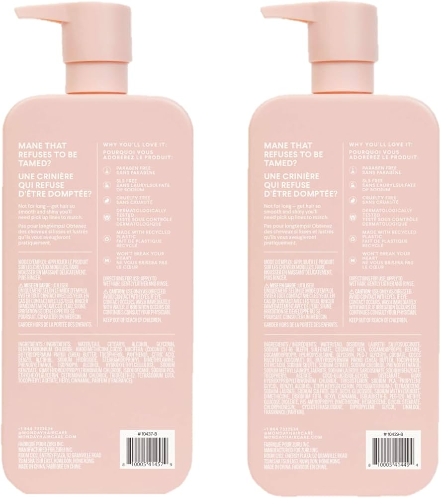 Back view of two pink bottles of MONDAY Volume Conditioner, with labels in both English and French. The labels describe the product’s benefits, ingredients, and usage instructions, including being SLS free, paraben free, and cruelty free.