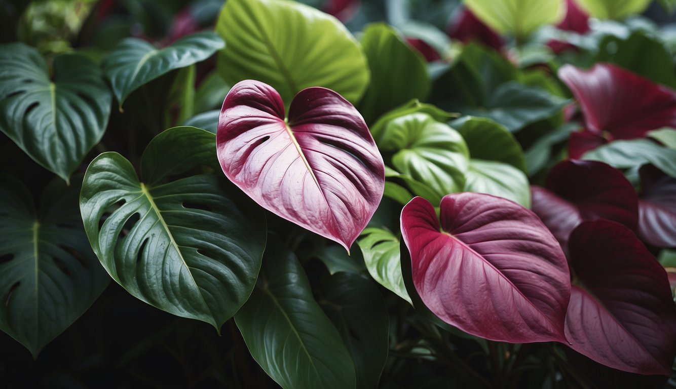 Lush green leaves of Philodendron Burgundy Princess contrast with the deep pink and green variegation of Pink Princess. Both plants originate from the tropical regions of South America