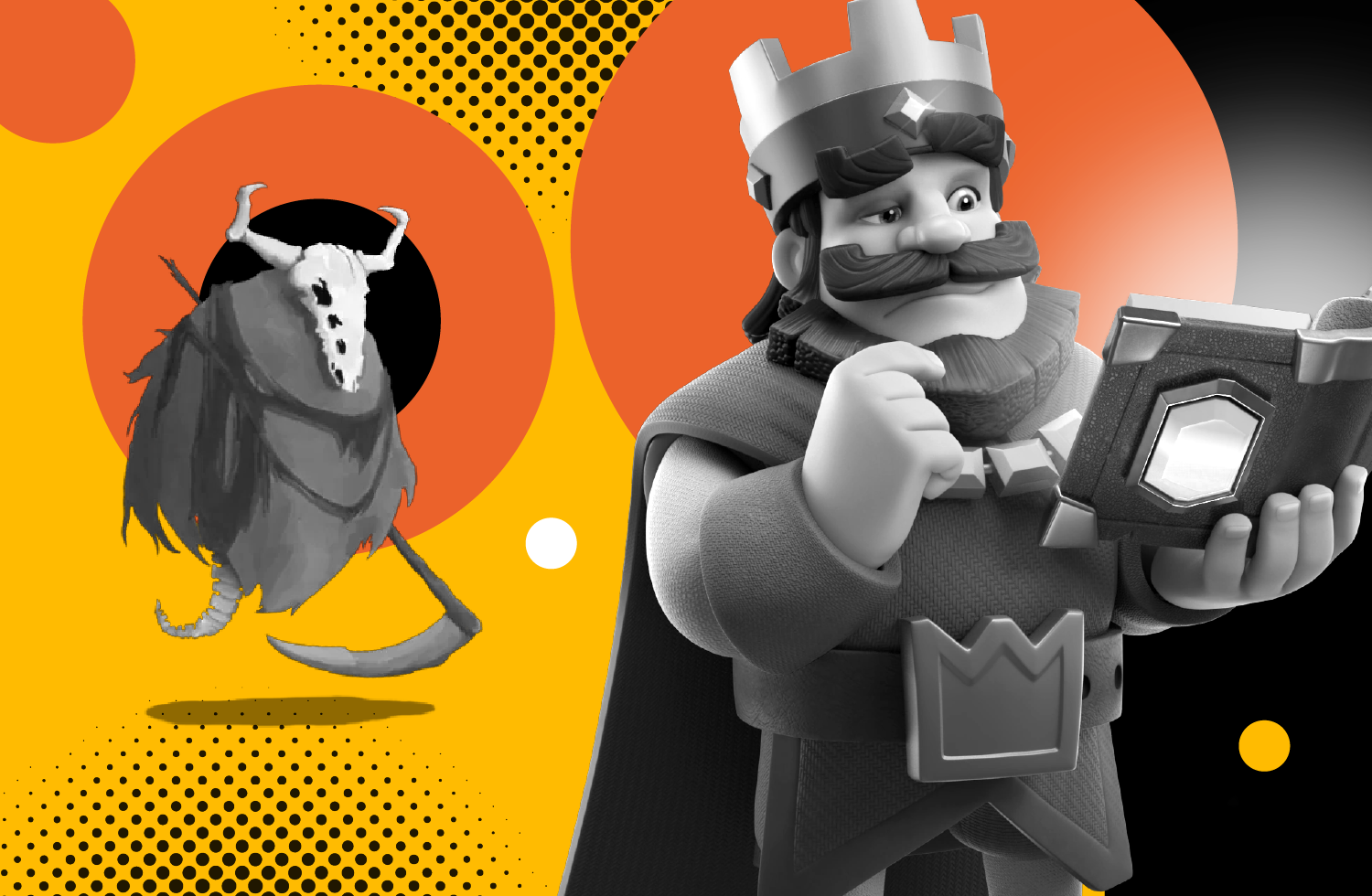 Grayscale characters from Clash Royale and Slay the Spire over an illustrated yellow and orange background