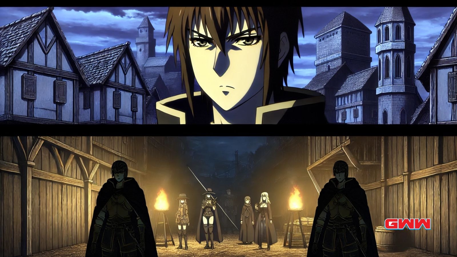 Dark, gritty anime scene with medieval characters in a shadowy village.