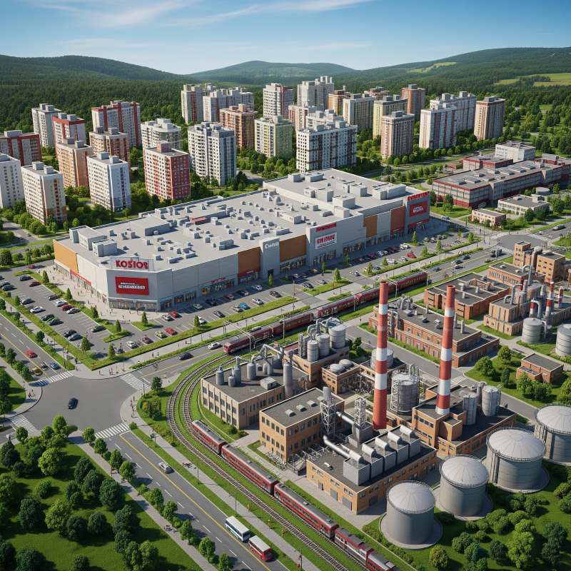 Khu đô thị mẫu với căn hộ, trung tâm thương mại, nhà máy công nghiệp