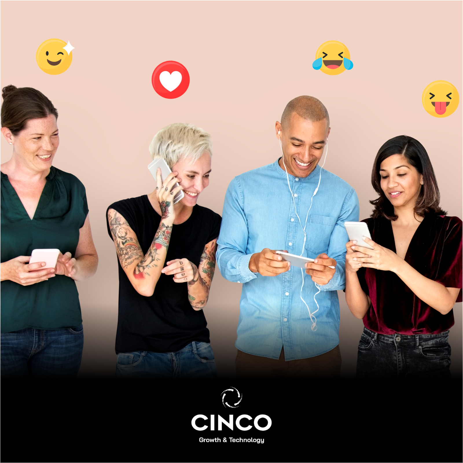 Quatro pessoas olhando o celular e emojis flutuando.