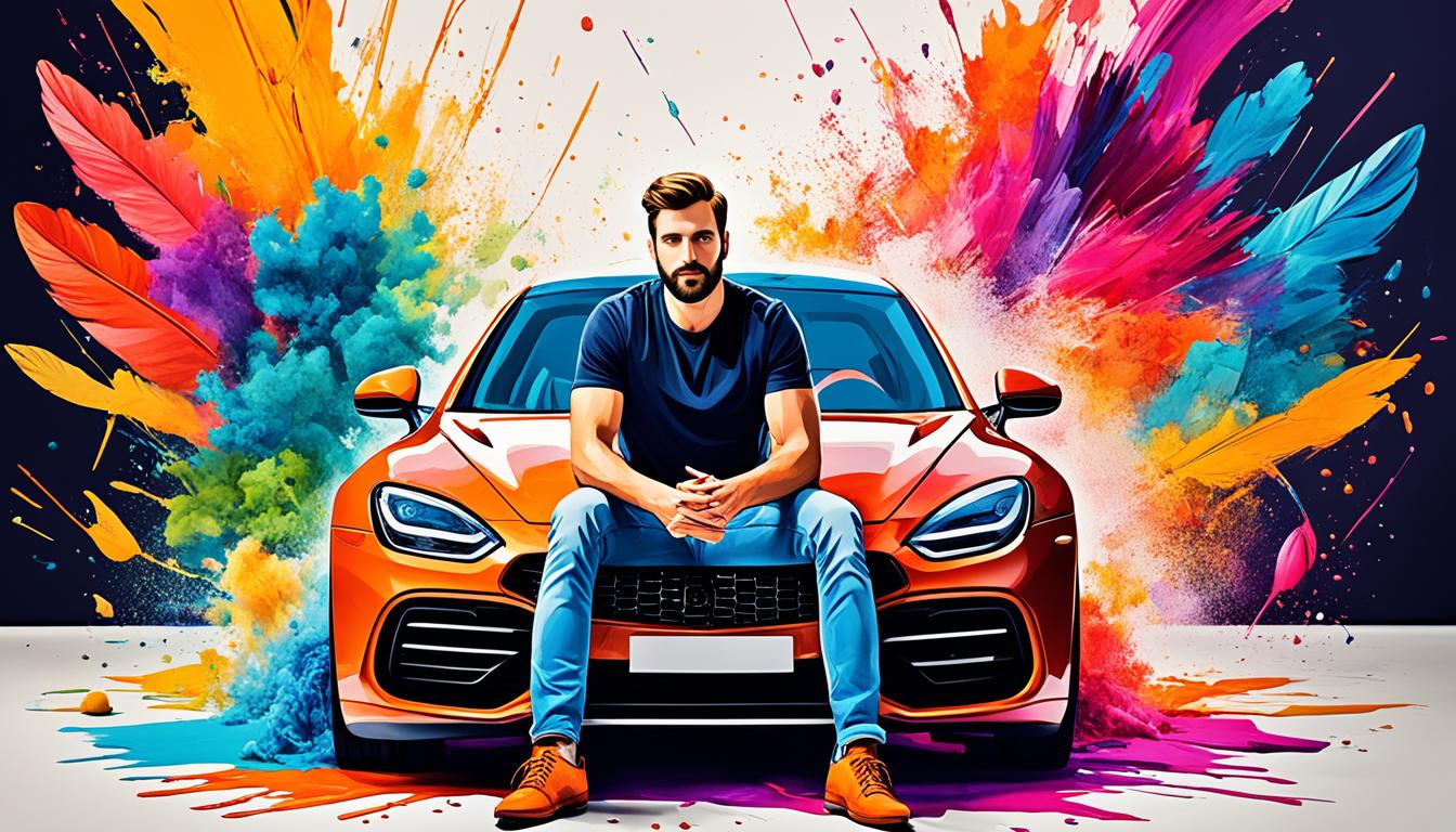 An image of a person sitting in front of a blank canvas, surrounded by an abundance of vibrant colors and textures. The person is visualizing the material things they desire, such as a new car, a luxurious vacation, and a beautiful home. The visualization is so intense that the person can feel the leather seats of the car, taste the exotic flavors of the vacation, and smell the fresh flowers in the home. The image should portray a sense of excitement, hope, and confidence in the power of manifestation.