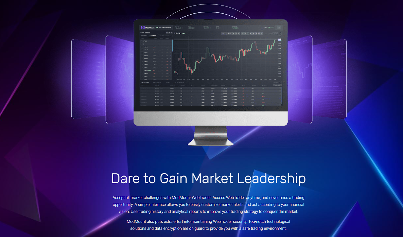 The ModMounts Web Trader page displays a Mac PC with the WebTrader dashboard open, showcasing its user-friendly interface and trading features