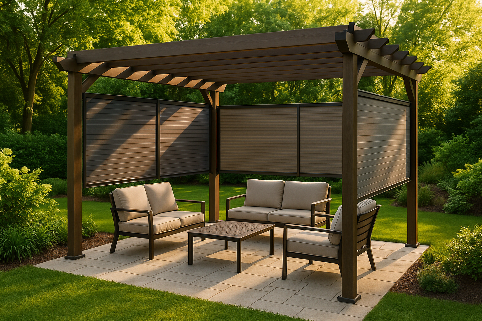 Outdoor pergola featuring privacy screens and customizable panels.
