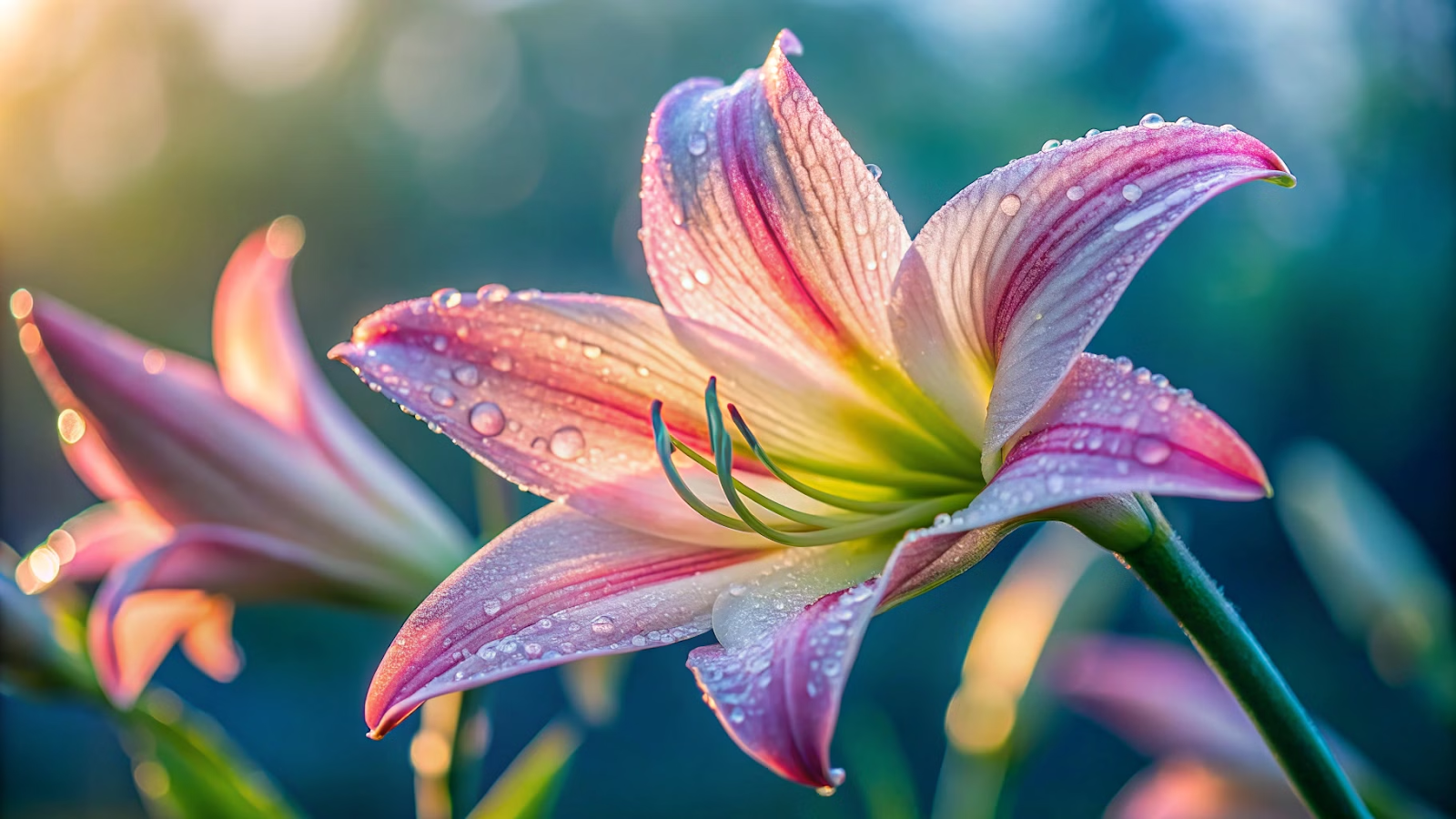 Perfil lateral de uma flor de açucena rosa com gotas de orvalho ao amanhecer