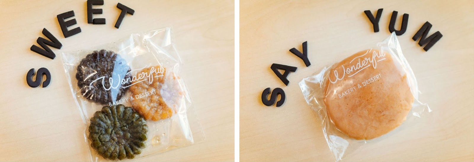 Left: Korean yakgwa, a deep-fried  cookie made with honey, sesame oil, ginger, and soju, and covered in syrup. Right: Japanese dorayaki are pancake-like patties made from castella wrapped around a filling of sweet azuki bean paste