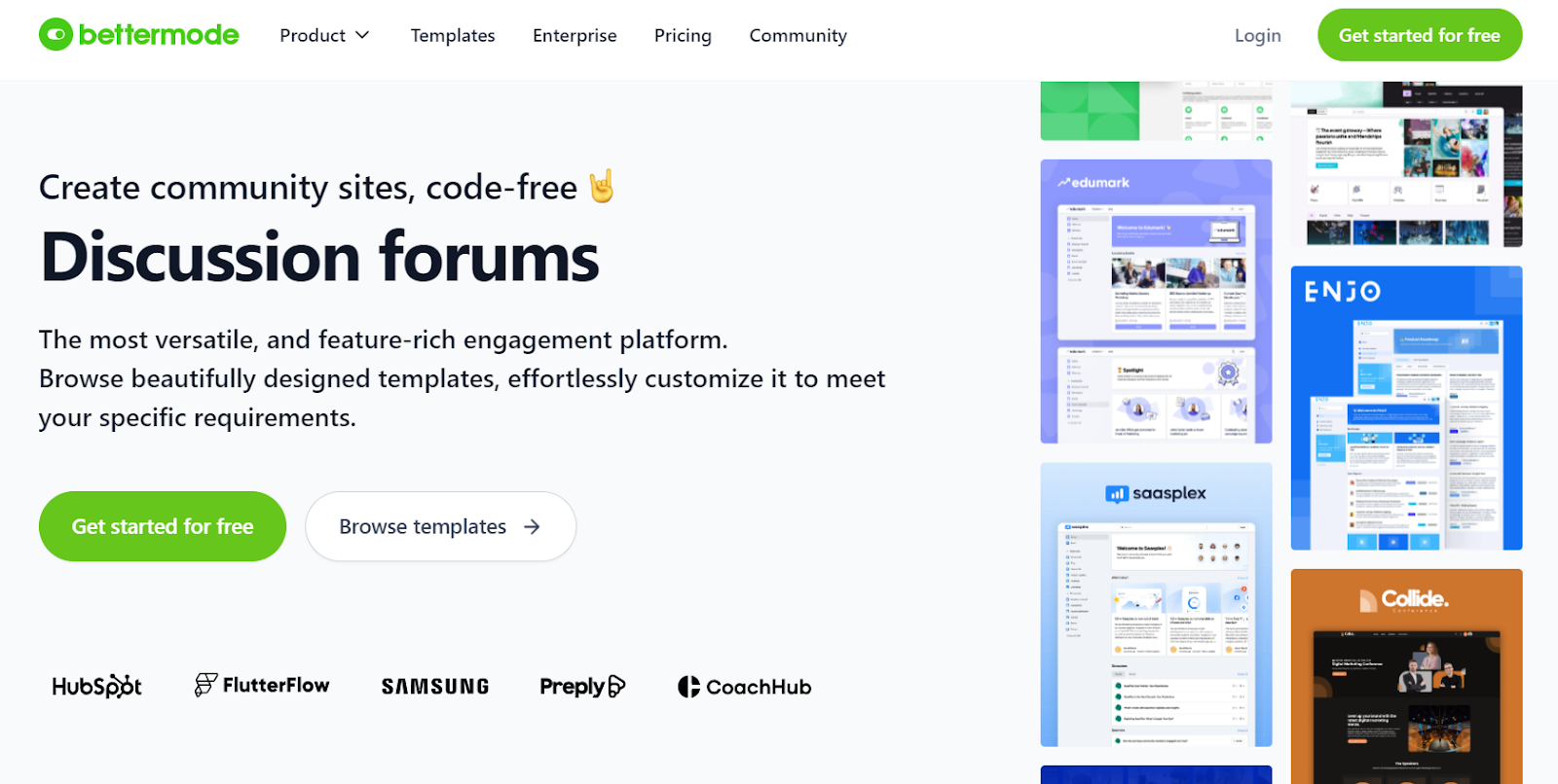 screenshot of Bettermode Home Screen "Create community sites, code-free, Discussio forums and buttons to either Get Started for Free or Browse templates; images of templates/examples in collage on right of screen