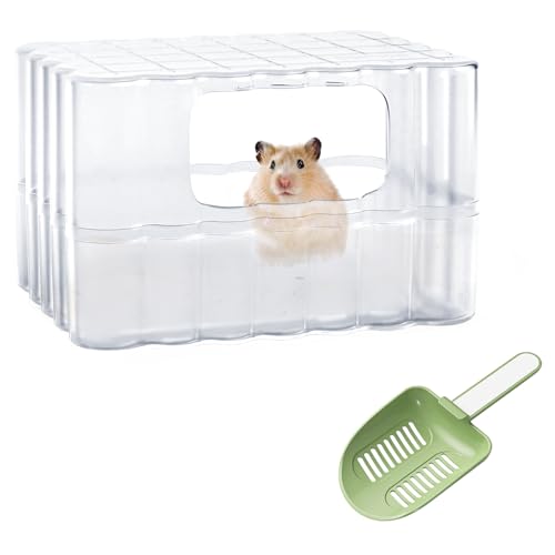 Hamster Sand Bath Container - Small Animal Bathroom Shower Room & Corner Digging Box Toilet with Cleaning Scoop Hamster Cage Accessories Chinchilla Dust Bath House for Guinea Pig, Hedgehog, Squirrel