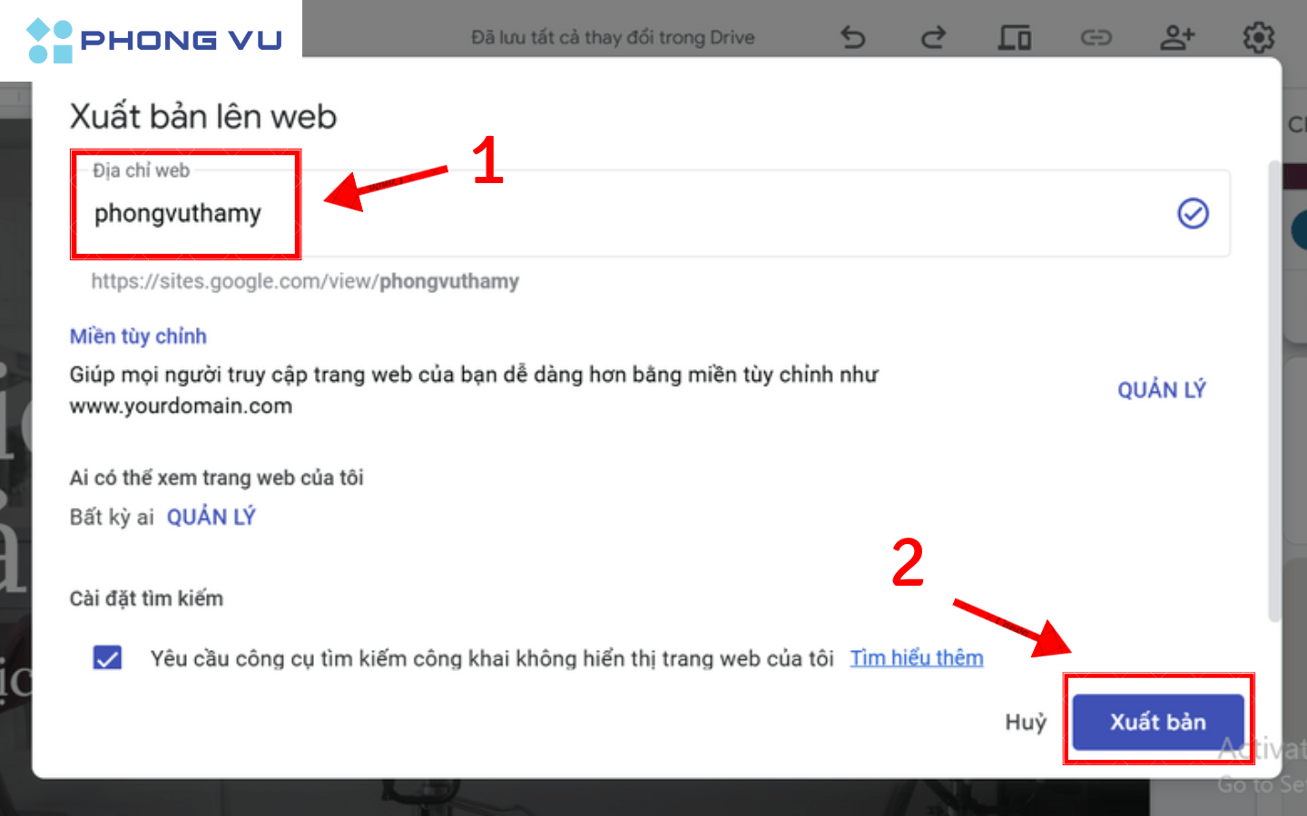 Hãy nhấn chuột vào nút “Công bố” để thay đổi tên đường link truy cập mà Google Sites đã tạo sẵn (nếu cần) >Click chuột vào “Công bố” một lần nữa để hoàn tất. 
