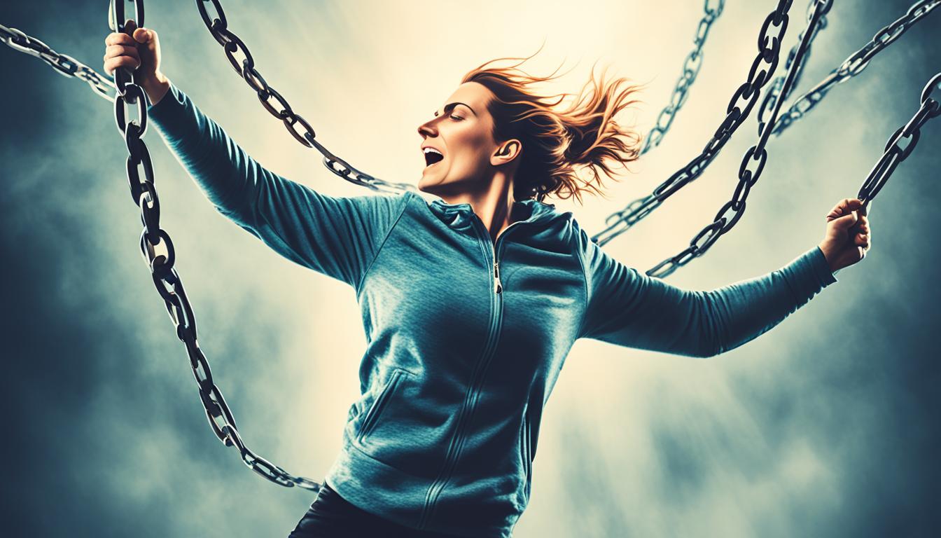 An image that depicts a person breaking free from chains or ropes, symbolizing the release of limiting beliefs. The person should be standing tall with a confident and empowered stance, and there should be a radiant glow around them to represent newfound positivity and self-belief. The background should be blurred or muted, indicating that the focus is on the person's inner growth rather than external distractions.