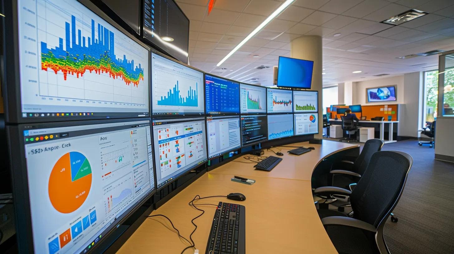 a sleek, modern office workspace features multiple computer screens displaying colorful graphs and analytics from advanced seo tools, with a focused analyst intently reviewing real-time keyword performance data.