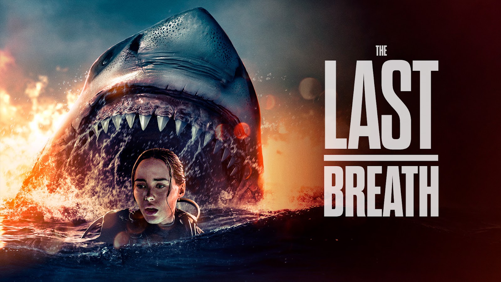 Poster art for The Last Breath with a woman swimming away from a shark.