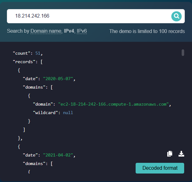 get passive DNS details using an IP address