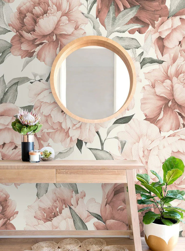 Peonies Garden Wallpaper in powder room with wooden mirror