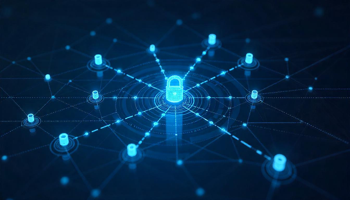 The image depicts the core MSSP value proposition, showcasing a digital security network with a central lock icon. This visual metaphor suggests the MSSP's ability to monitor and safeguard the client's interconnected systems and data through a comprehensive security infrastructure.