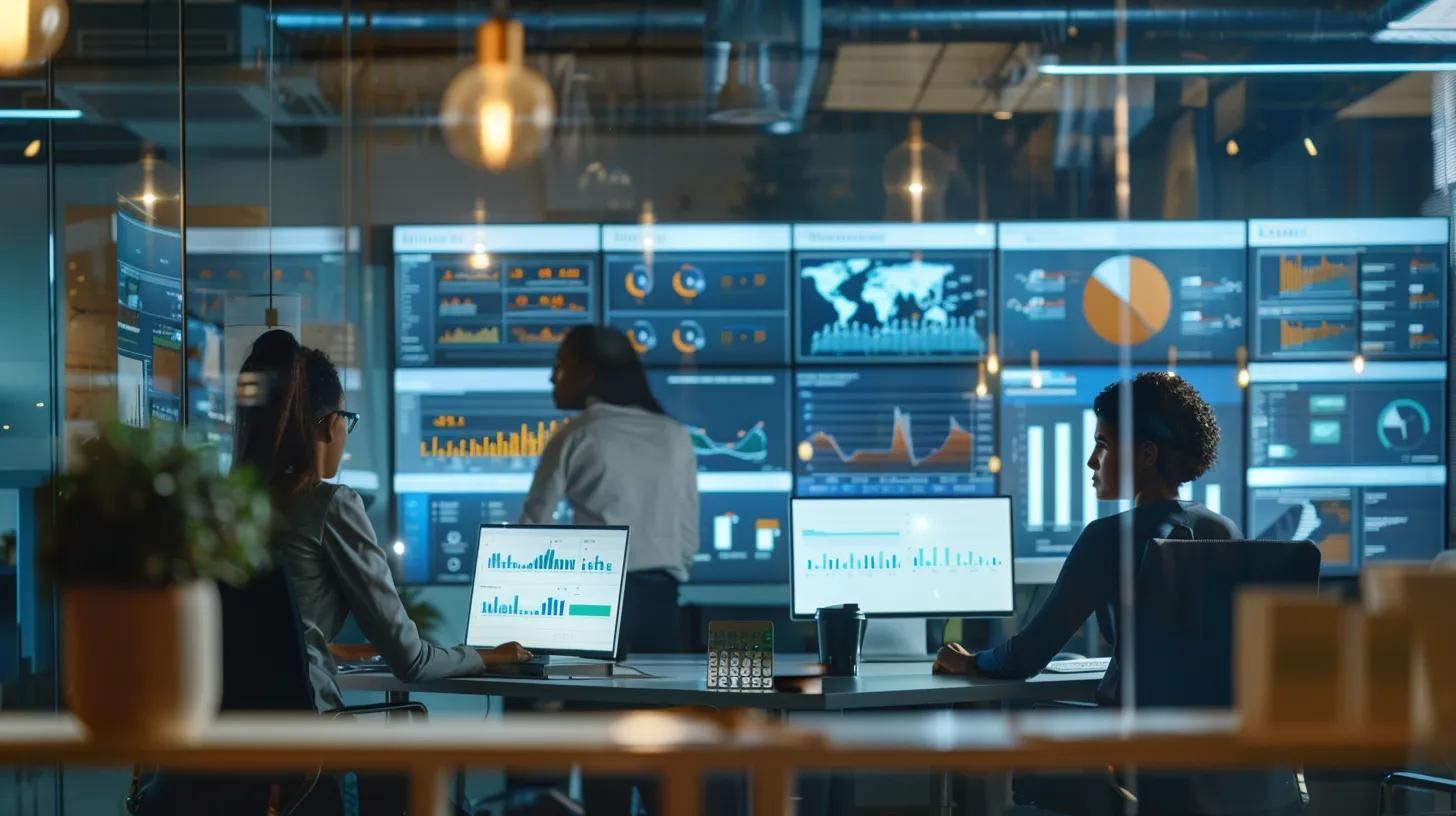 a sleek, modern office environment showcases a diverse team engaged in dynamic, ai-driven sales automation strategies, with digital dashboards displaying real-time metrics and analytics in the background.