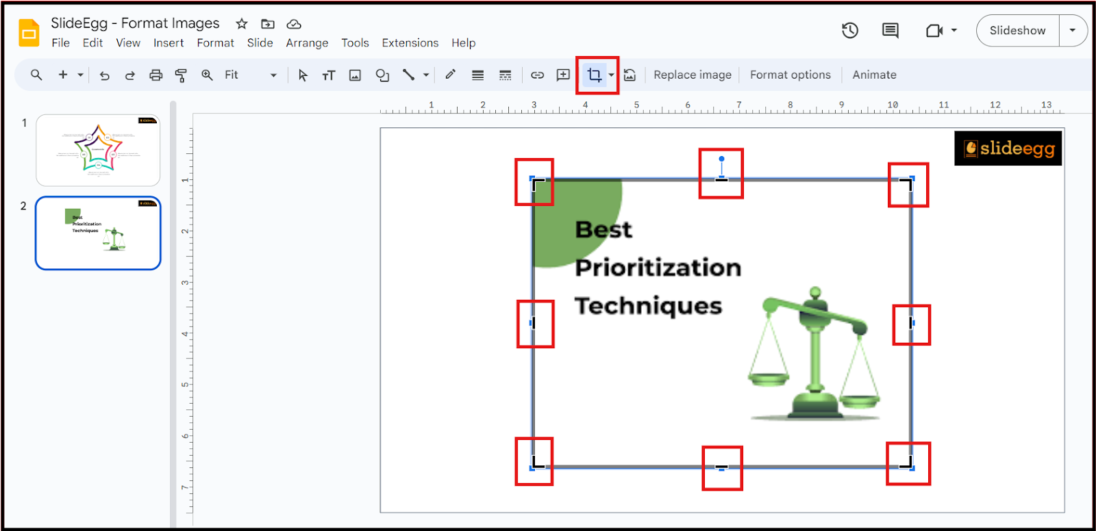 Crop Image option in Google Slides with black bars in the corners are highlighted.