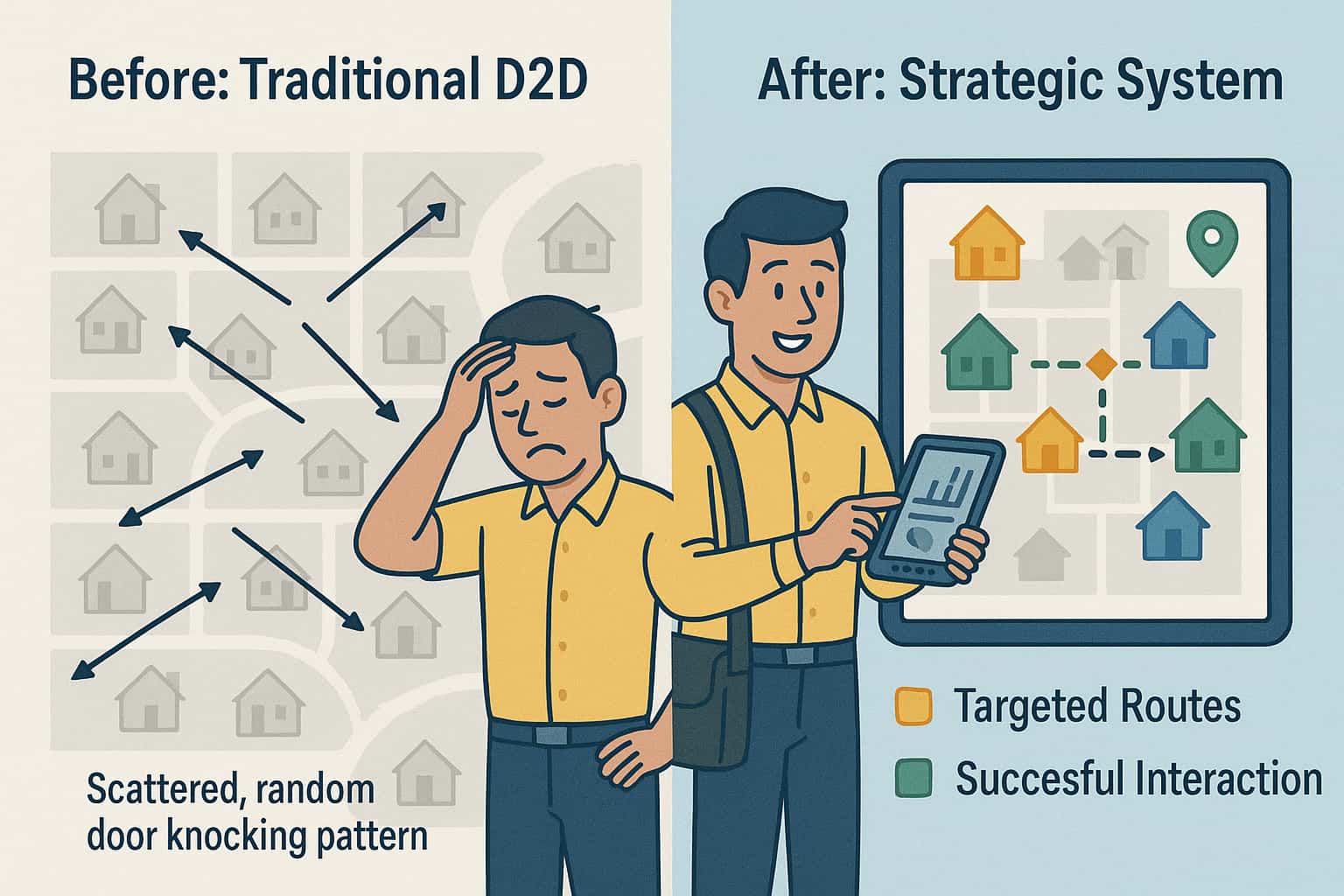 Before and after comparison showing traditional random door-to-door solar sales versus strategic data-driven lead generation system.