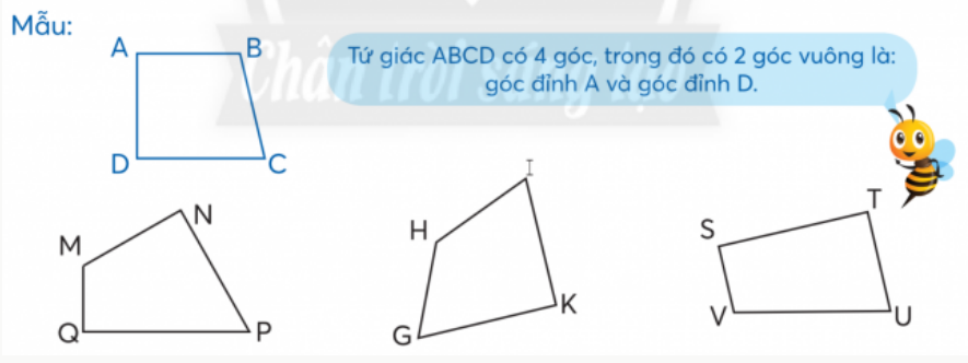 BÀI 13.GÓC VUÔNG, GÓC KHÔNG VUÔNGTHỰC HÀNHBài 1: Tạo hình góc vuông, góc không vuông Giải nhanh:Em tự thực hiện theo hướng dẫn.Bài 2: Gấp tờ giấy theo hình sau để được góc vuông.Giải nhanh:Em tự thực hiện theo hướng dẫn.Bài 3: Dùng ê-ke kiểm tra xem góc nào dưới đây là góc vuông.Giải nhanh:Góc A ; góc B ; góc E là các góc vuông.Bài 4: Dùng ê-ke kiểm tra để biết mỗi hình sau có mấy góc vuông rồi nói theo mẫu.Giải nhanh:Tứ giác MNPQ có 4 góc, trong đó có 2 góc vuông là: góc đỉnh Q và góc đỉnh N.Tứ giác GHIK có 4 góc, trong đó có 1 góc vuông là: góc đỉnh K.Tứ giác STUV có 4 góc, trong đó có 2 góc vuông là: góc đỉnh S và góc đỉnh T.Bài 5: Dùng ê-ke vẽ một góc vuôngGiải nhanh:Em tự thực hiệnLUYỆN TẬP