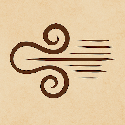Stylized wind swirl moving from east to west on a beige textured background.