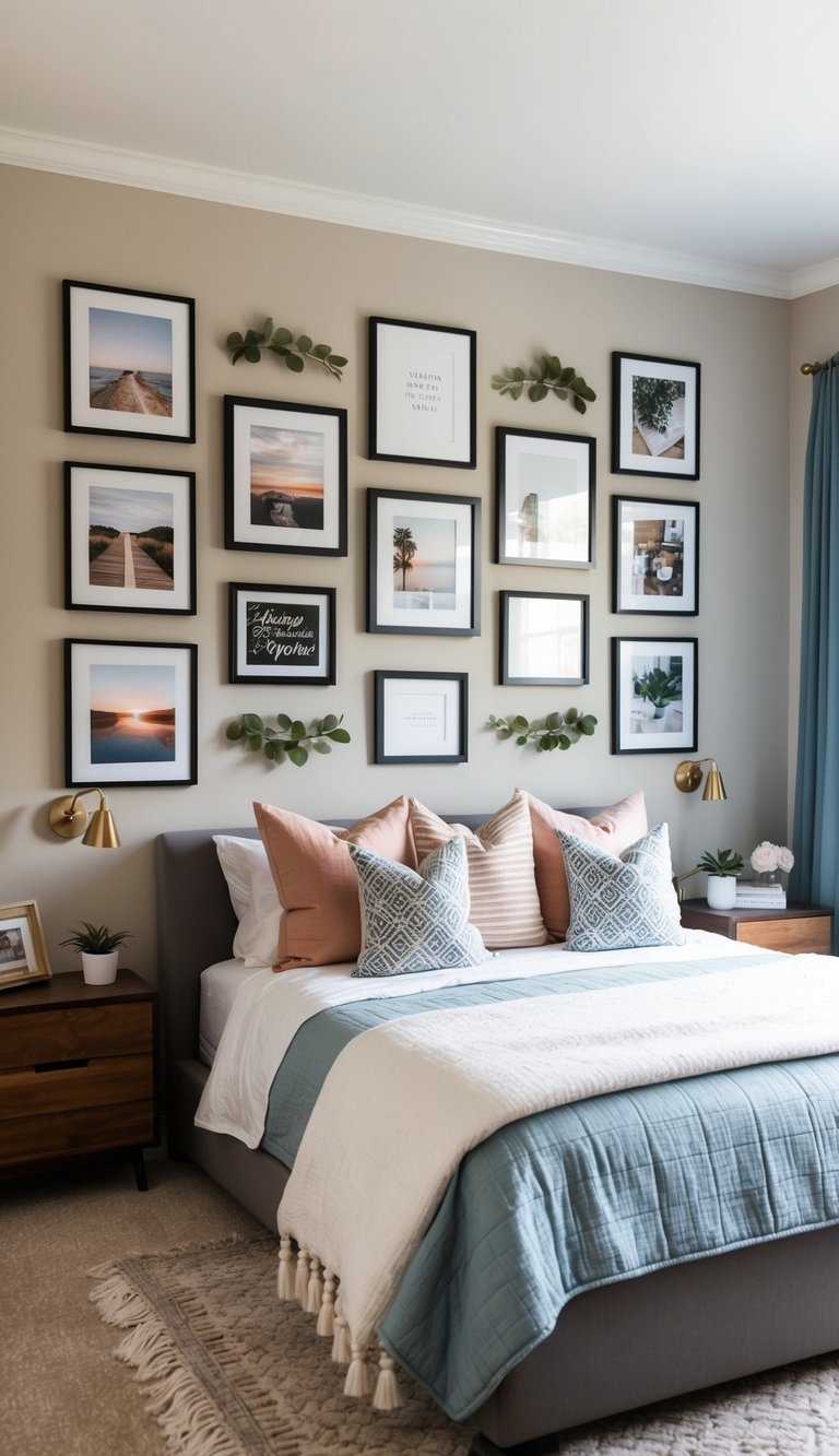 A cozy guest bedroom with a gallery wall showcasing 23 different decor ideas