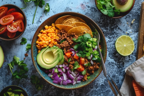 A hearty taco bowl filled with seasoned ground meat, avocado, corn, red onions, diced tomatoes, cilantro, and tortilla chips, served with a lime wedge