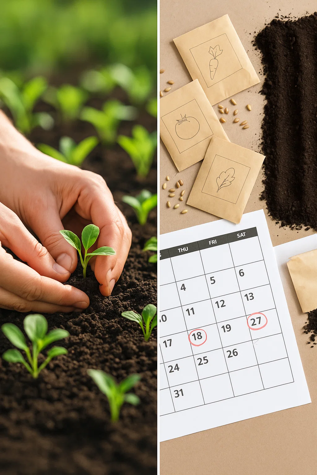 A side-by-side split image: Left side: close-up of hands gently placing a thriving seedling into rich soil, surrounded by already flourishing young plants. Right side: scattered seed packets, empty soil rows, and a calendar with dates circled — symbolizing the waiting and uncertainty of starting from seeds. The overall mood is bright and hopeful, showing that ready-to-use seedlings offer a faster, more rewarding gardening experience.