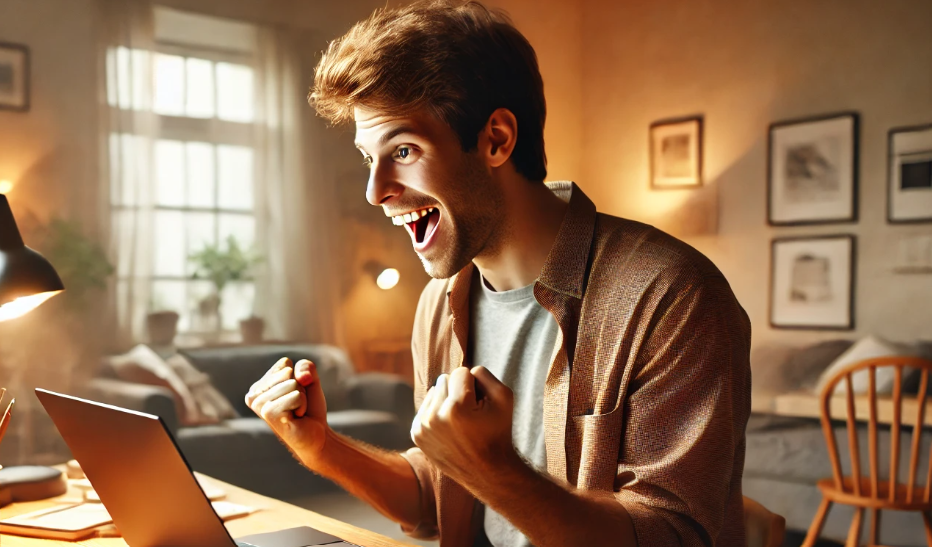 A young man with short, tousled brown hair sits at a desk in a warmly lit living space, excitedly reacting to something on his laptop screen. He clenches his fists with a wide smile, conveying joy and enthusiasm. The background features a cozy home setting with framed pictures on the wall, a wooden chair, and a couch near a large window allowing natural light to stream in, creating a comfortable and inviting atmosphere.