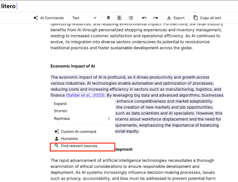 Litero AI's text editor highlighting an essay section, with options like Expand, Shorten, Rephrase, and Find relevant sources in a dropdown menu.