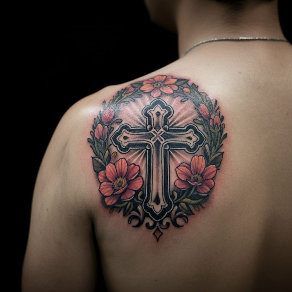 Cross with Flowers Tattoo on shoulder 