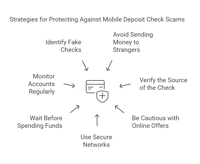 Diagram of strategies to prevent mobile deposit check scams