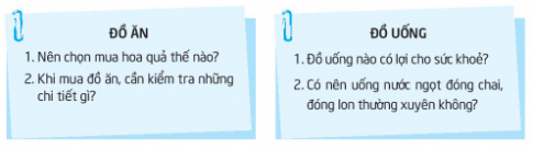 TUẦN 22SINH HOẠT DƯỚI CỜ: ĂN UỐNG LÀNH MẠNH- Giao lưu với bác sĩ dinh dưỡng hoặc các cô bác nấu bếp về chủ đề  Ăn uống lành mạnh”.- Rút ra bài học về việc đảm bảo sức khoẻ, phòng tránh bệnh tật bằng cách giữ gìn vệ sinh an toàn thực phẩm.Đáp án chuẩn: - Học sinh tự thực hiện- Bài học: Không ăn đồ quá hạn sử dụng, không uống nước lã, không ăn đồ đã có hiện tượng mốc, ăn những thực phẩm tươi sạch, ăn ngay sau khi thức ăn vừa nấu xong hoặc vừa chuẩn bị xongĂN SẠCH1. Kể chuyện tương tác về các bạn thích ăn đồ ăn nhanhĐưa ra những lí lẽ để thuyết phục các nhân vật trong câu chuyện lựa chọn thói quen ăn uống phù hợp.Đáp án chuẩn: - Chúng ta không nên ăn đồ ăn nhanh vì:Không đảm bảo vệ sinh an toàn thực phẩmCung cấp nhiều chất béo và cholesterol cho cơ thể gây bệnh béo phì, máu nhiễm mỡ, ung thư,...Một số loại thức ăn nhanh chứa hàm lượng muối và chất bảo quản cao, dễ dẫn đến các bệnh về tim, thận, làm tăng huyết áp,...Sử dụng thức ăn nhanh nhiều còn có thể khiến chúng ta bị thiếu chất và mất cân đối về dinh dưỡng.2. Chơi trò chơi “Thám tử sạch”- Cùng “Thám tử sạch” điều tra, truy tìm dấu vết của thực phẩm bẩn.- Mỗi tổ hoặc nhóm nhập vai kiểm tra từng khu vực để thực phẩm Đáp án chuẩn: Học sinh tự thực hiệnHoạt động sau giờ họcCùng người thân kiểm tra thực phẩm tại gia đình để đảm bảo vệ sinh an toàn thực phẩm: loại bỏ những thức ăn hỏng, ôi thiu, quá hạn,..Đáp án chuẩn: Em kiểm tra rau, củ quả xem còn tươi không. Nước uống đã để lâu chưa nếu đã để lâu phải đổ bỏ. Cơm nguội đã mốc meo xanh phải bỏ điTHỰC PHẨM SẠCHChia sẻ với bạn kinh nghiệm phát hiện thực phẩm không an toàn và lựa chọn những thực phẩm sạchNêu những giác quan cần sử dụng để đánh giá thực phẩm an toàn hay không an toàn.Nêu những kiến thức em mới biết thêm về cách lựa chọn thực phẩm sạch.Chia sẻ cách bảo quản thực phẩm sao cho tươi ngon và an toàn.Đáp án chuẩn: Những giác quan cần sử dụng để đánh giá thực phẩm an toàn hay không an toàn: thị giác, thính giác.Cách lựa chọn thực phẩm sạch:Đồ ănĐồ uốngChọn hoa quả: tươi, không bị héo, dập nát. Các đồ uống có lợi cho sức khoẻ: nước khoáng, sữa, sữa chua uống men sống,…Chọn thịt: có màu tươi, đàn hồi tốt, săn chắc, không có mùi và không bị nhão, chảy nước.Chọn rau: tươi, không bị héo, dập nát hay có lá vàng. Các đồ uống nên hạn chế: nước ngọt, nước có ga,…Chọn đồ đóng sẵn: bao bì còn nguyên vẹn, ngày sản xuất mới và hạn sử dụng xa.Cách bảo quản thực phẩm:Để khoai tây không mọc mầm ta cần bỏ khoai tây vào túi bóng đen, thùng gỗ, hộp các tông,.. và để ở nơi thoáng mát, tránh ánh sáng trực tiếp.Để quả chanh tươi lâu, ta cần rửa sạch, để ráo, cho và túi zip kín và bảo quản trong ngăn mát tủ lạnh.Sữa đã mở nắp, phải bảo quản ở ngăn mát tủ lạnh và trong khoảng thời gian 1-2 ngày kể từ khi mở nắp.Hoạt động sau giờ học