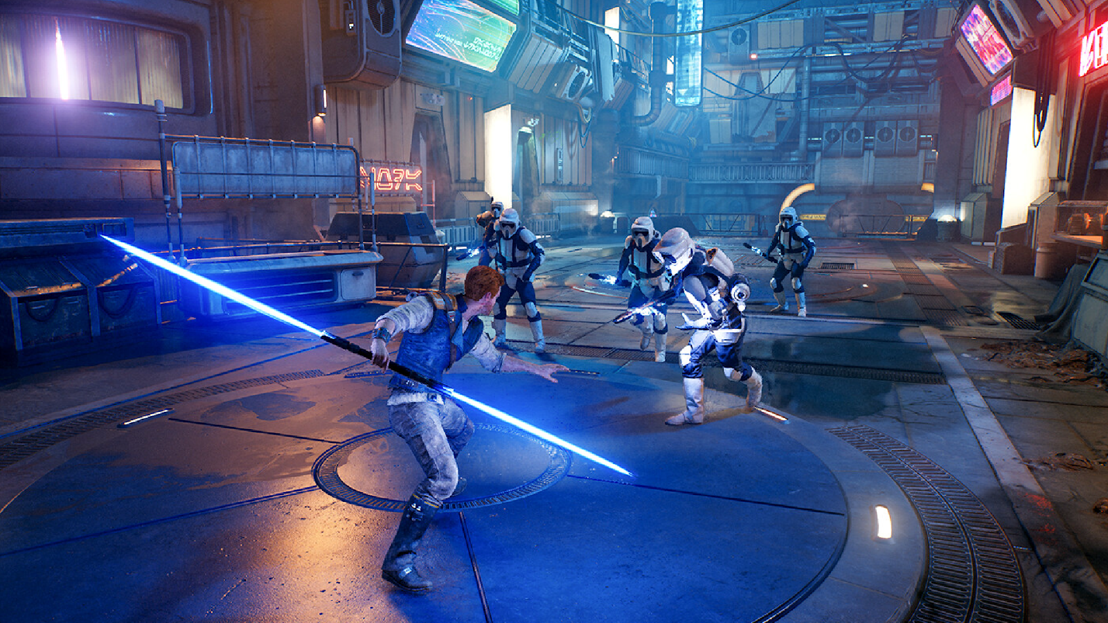 Screenshot of Cal Kestis fighting troopers in Star Wars Jedi: Survivor.