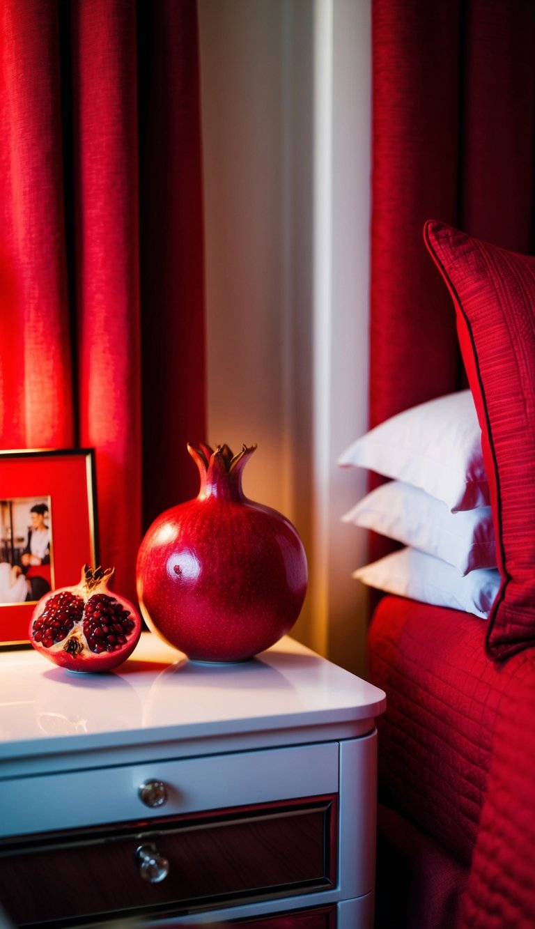 A pomegranate vase sits on a nightstand in a red-themed bedroom, surrounded by rich red textiles and accents