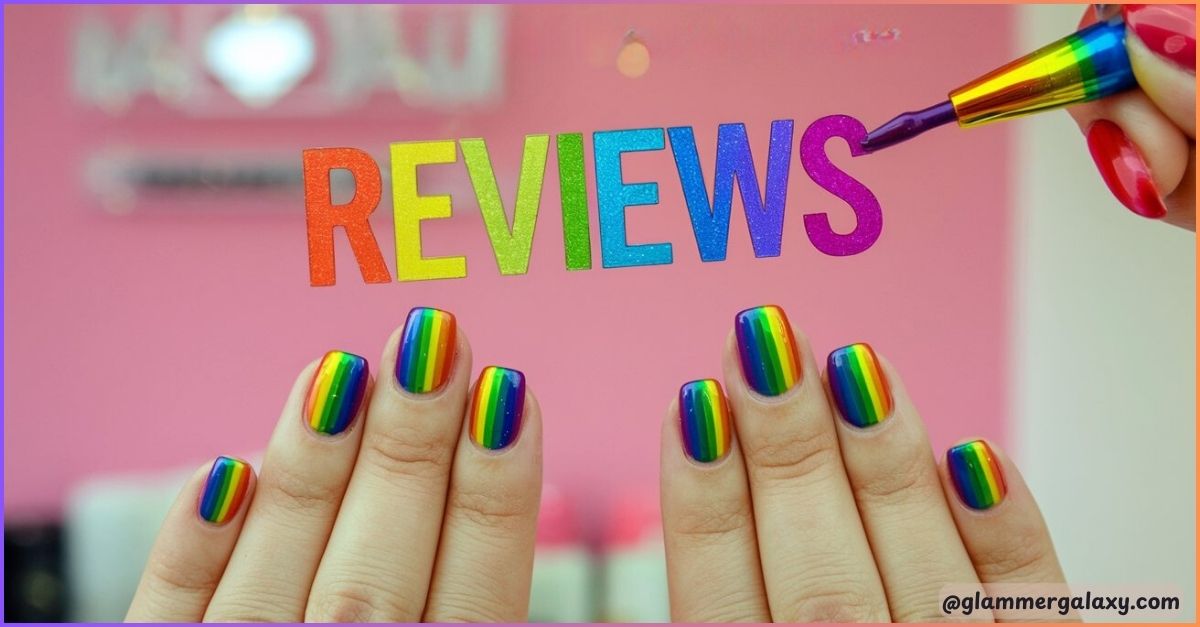 Multicolored “REVIEWS” text above rainbow-striped nails against a blurred background.