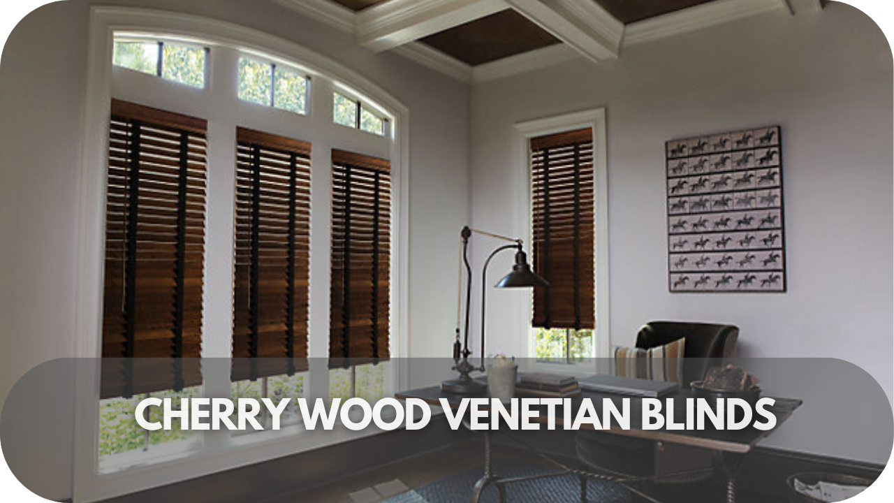 Rich cherry wood Venetian blinds for a luxurious, warm ambiance.