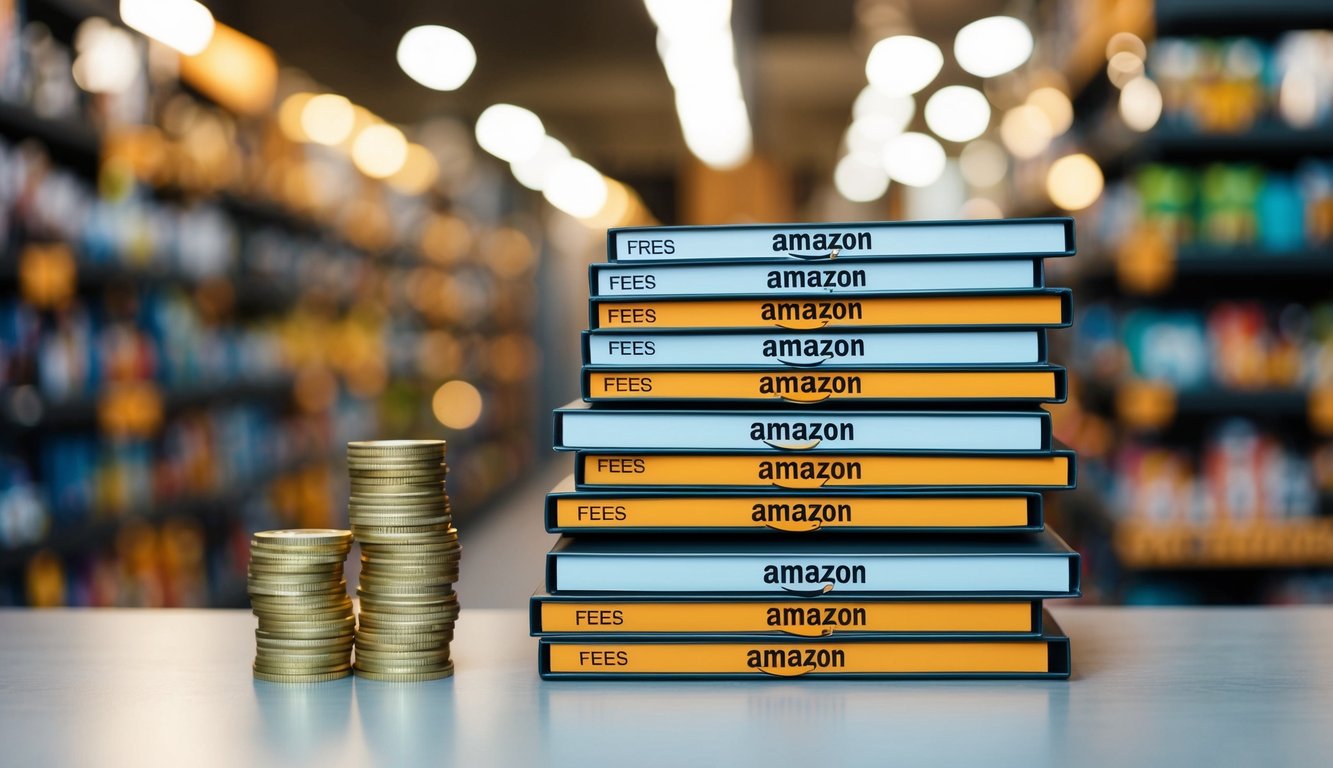 A stack of products with Amazon placement fees labeled on each item