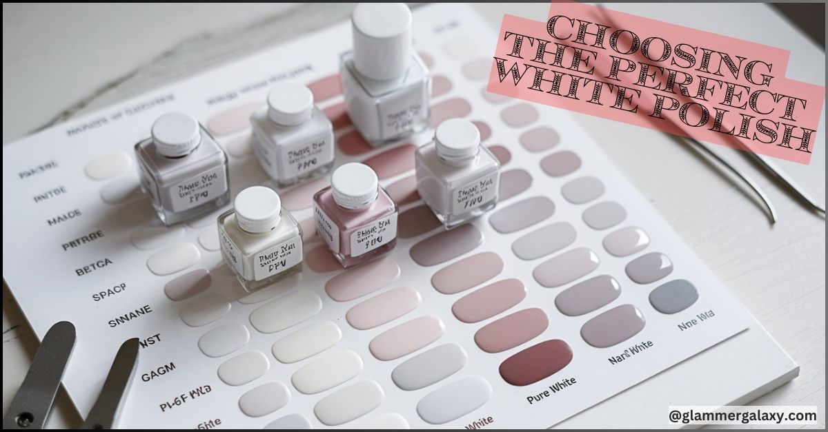 Various white nail polish bottles on a color chart labeled “Choosing the Perfect White Polish.”