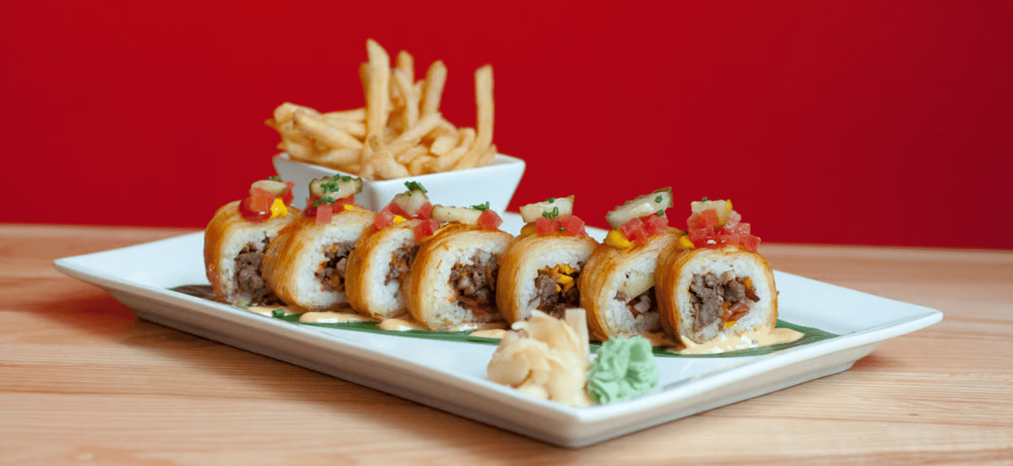 sushi rolls filled with burger meat
