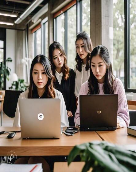 A group of women looking at laptops<br />
<br />
Description automatically generated