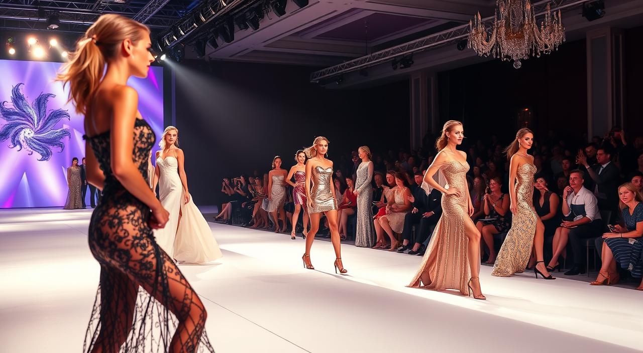 "An elegant runway scene filled with glamorous models showcasing high-fashion outfits, dramatic lighting highlighting intricate designs, vibrant colors, and luxurious fabrics, surrounded by an enthusiastic audience dressed in chic evening attire, creating an atmosphere of excitement and sophistication."