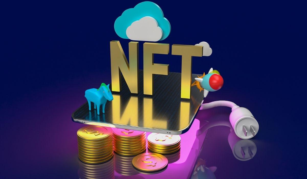 Golden “NFT” letters on a platform with coins and a plug, surrounded by small 3D figures