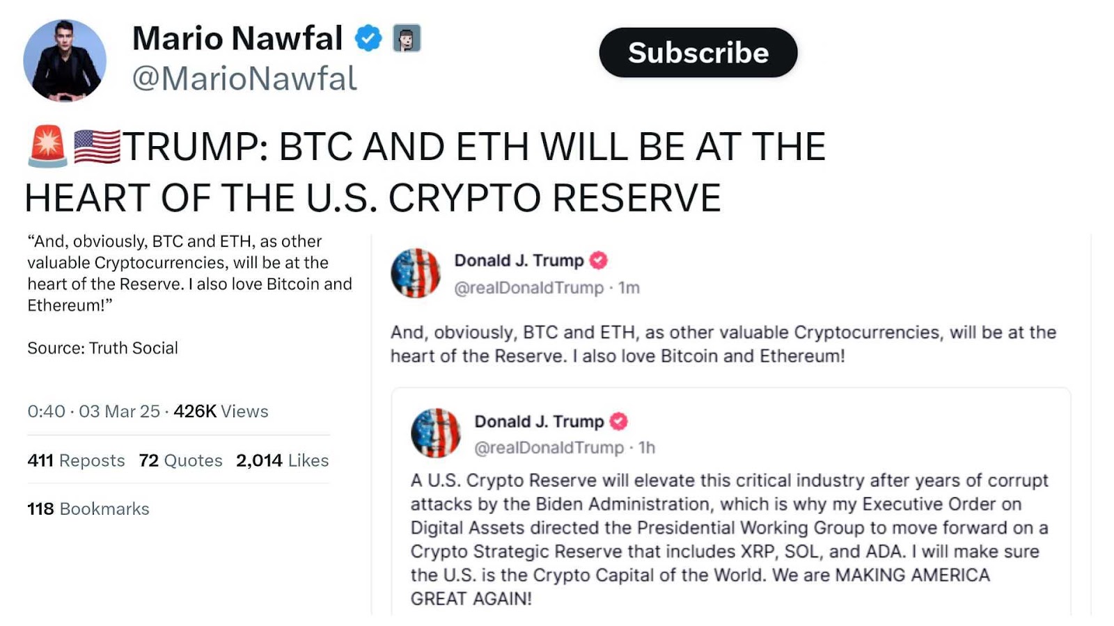 Mario Nawfal (@MarioNawfal) posts on Donald Trump’s Truth Social post endorsing Bitcoin (BTC) and Ethereum (ETH) as key assets in the U.S. Crypto Reserve on X