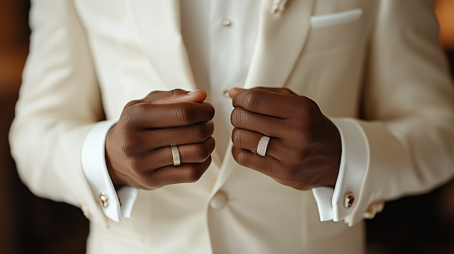 
A groom in a sharp white suit, wearing simple yet elegant silver or gold cufflinks and studs. The cufflinks feature subtle engravings, adding a personal touch to the classic white suit. The groom’s refined accessories enhance the overall sophisticated look, complementing the sleek design of the suit. The wedding venue, with its soft lighting and luxurious décor, highlights the groom’s stylish and personalized wedding ensemble