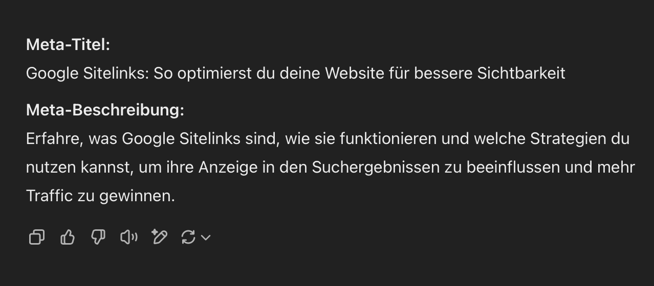 ChatGPT antwortete auf unsere Anfrage, einen Meta-Titel und eine Meta-Beschreibung für unseren Artikel mit dem Titel „Defining Semantic SEO and How to Optimize for Semantic Search“ zu erstellen. Der Meta-Titel war kürzer und aussagekräftiger, aber die Meta-Beschreibung war immer noch zu lang.