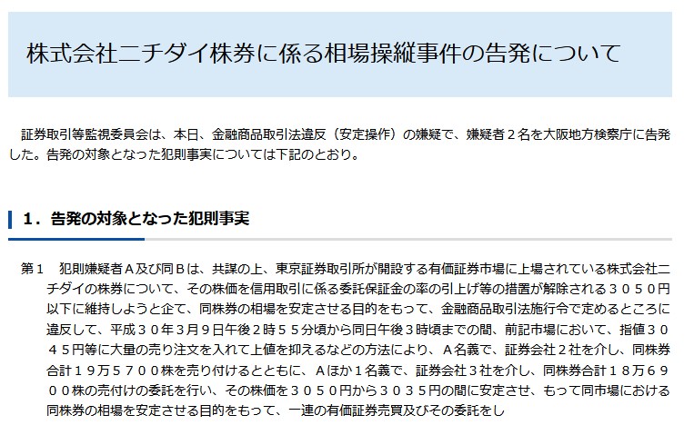 ニチダイ株券に関わる相場操縦事件の告発についての文書です。